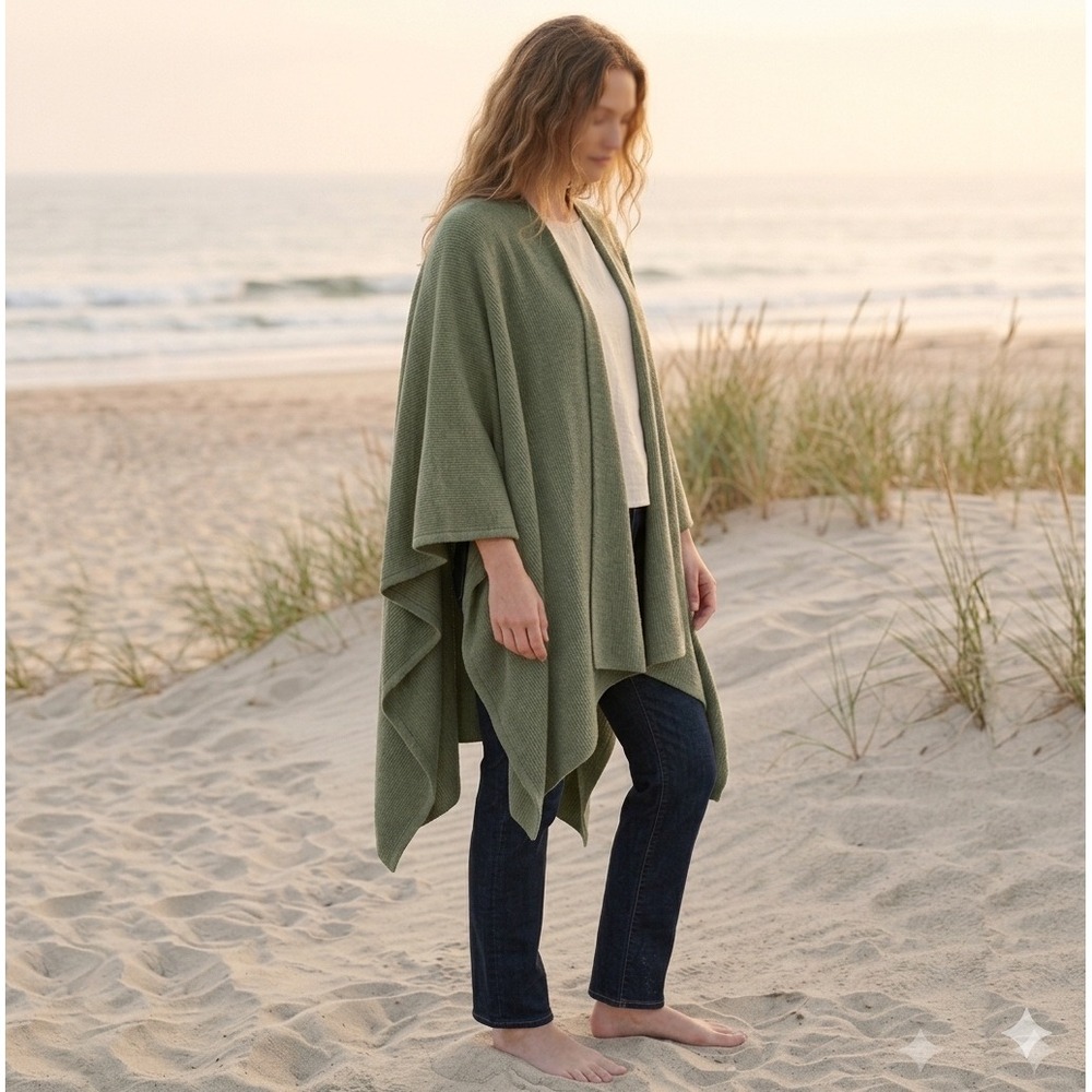 Peruvian Soul Alpaca Sage Knit Shawl Wrap Poncho Cape Ruana w/ Horn Toggle Pin